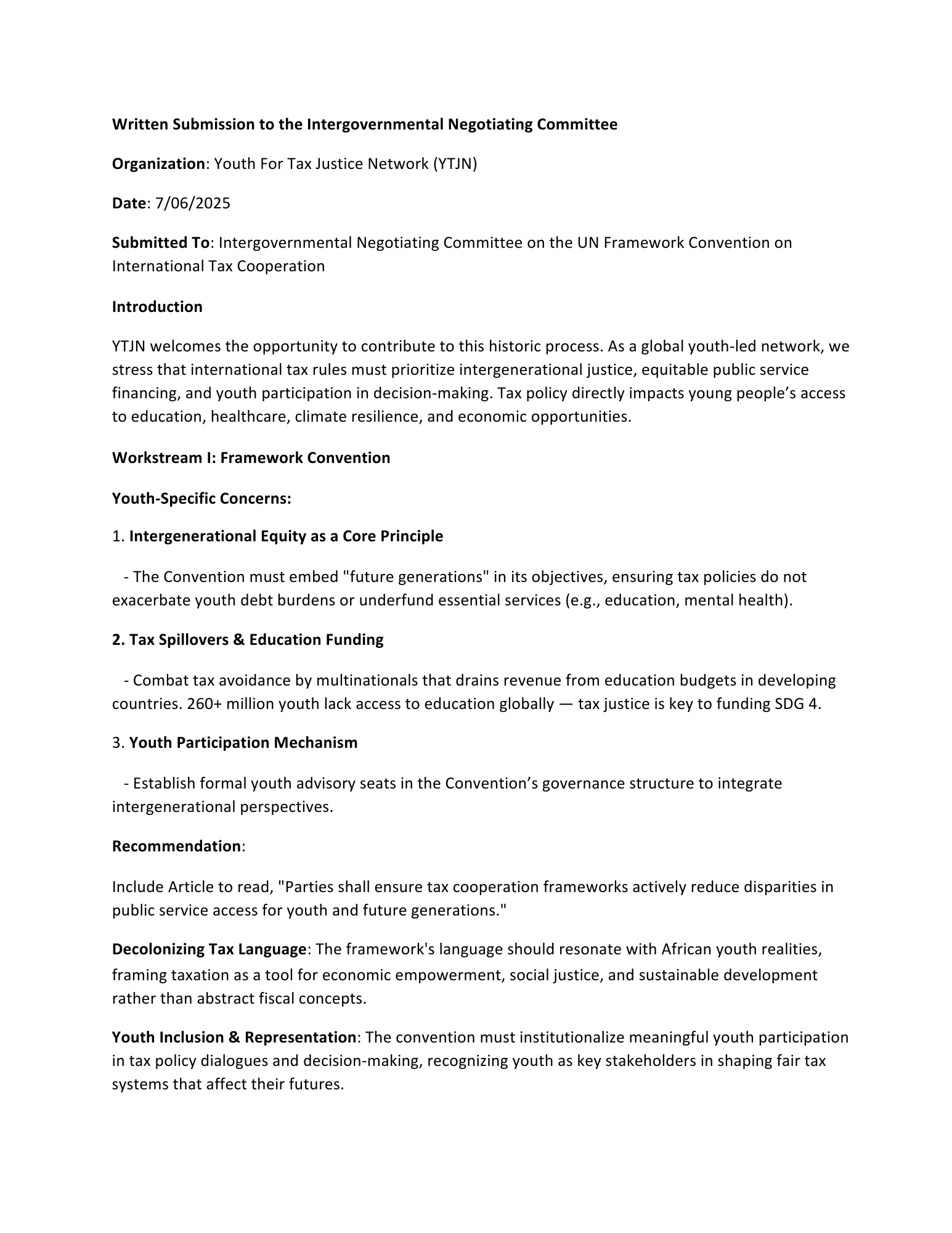 YTJN Input Into The UN Tax Convention Negotiations