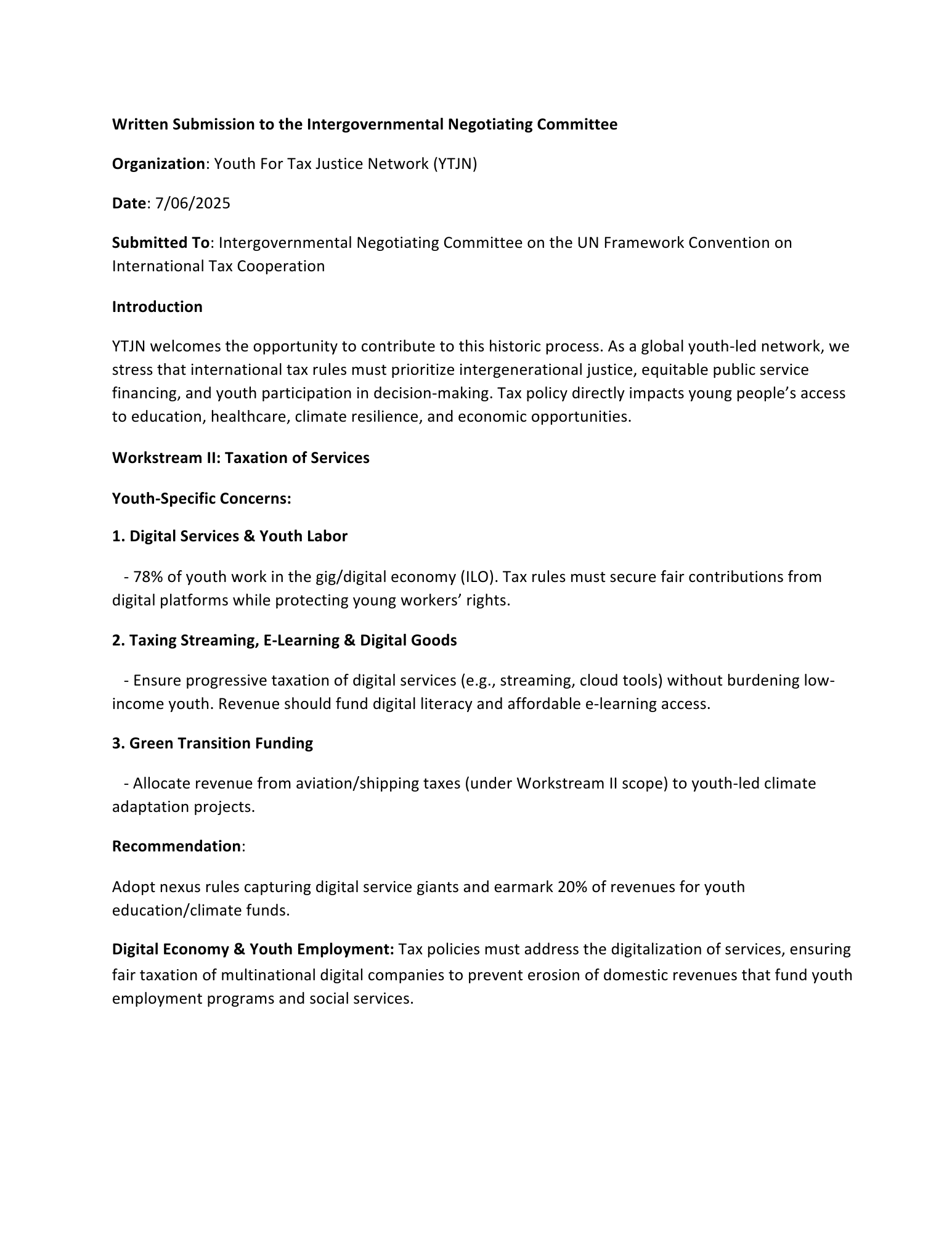 YTJN Input Into The UN Tax Convention Negotiations