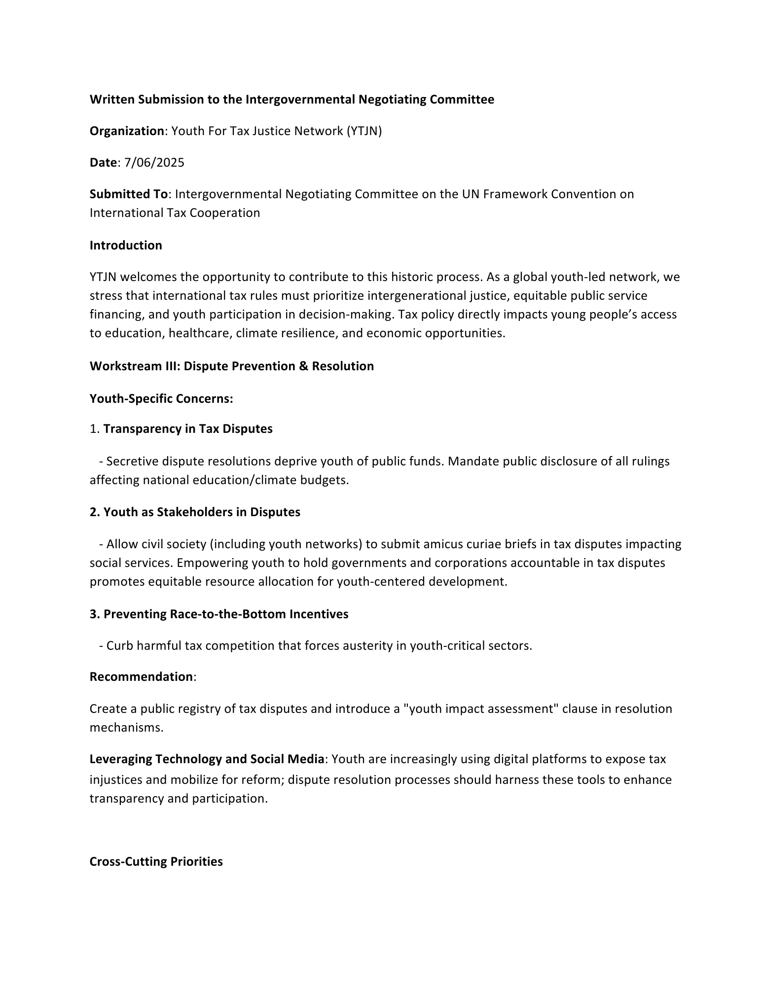 YTJN Input Into The UN Tax Convention Negotiations