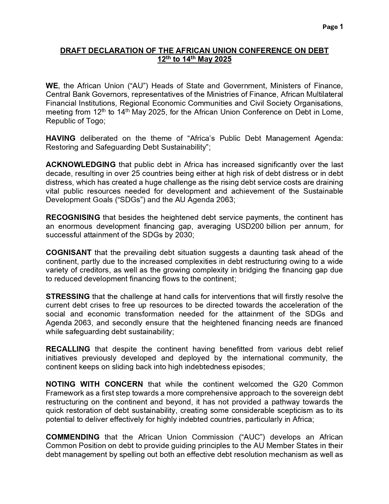 2025 Lome Declaration On Debt