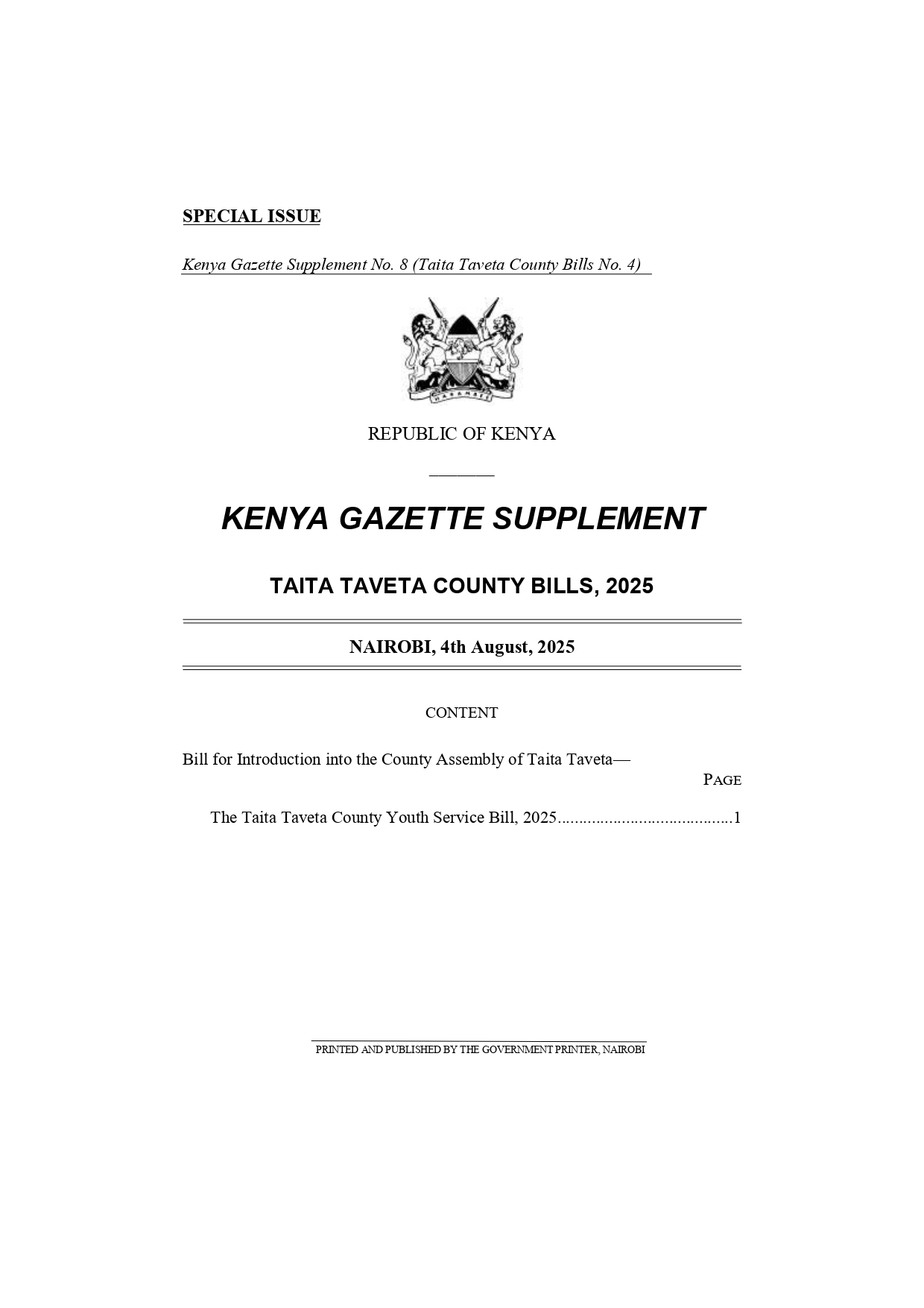The Taita Taveta County Youth Service Bill 2025