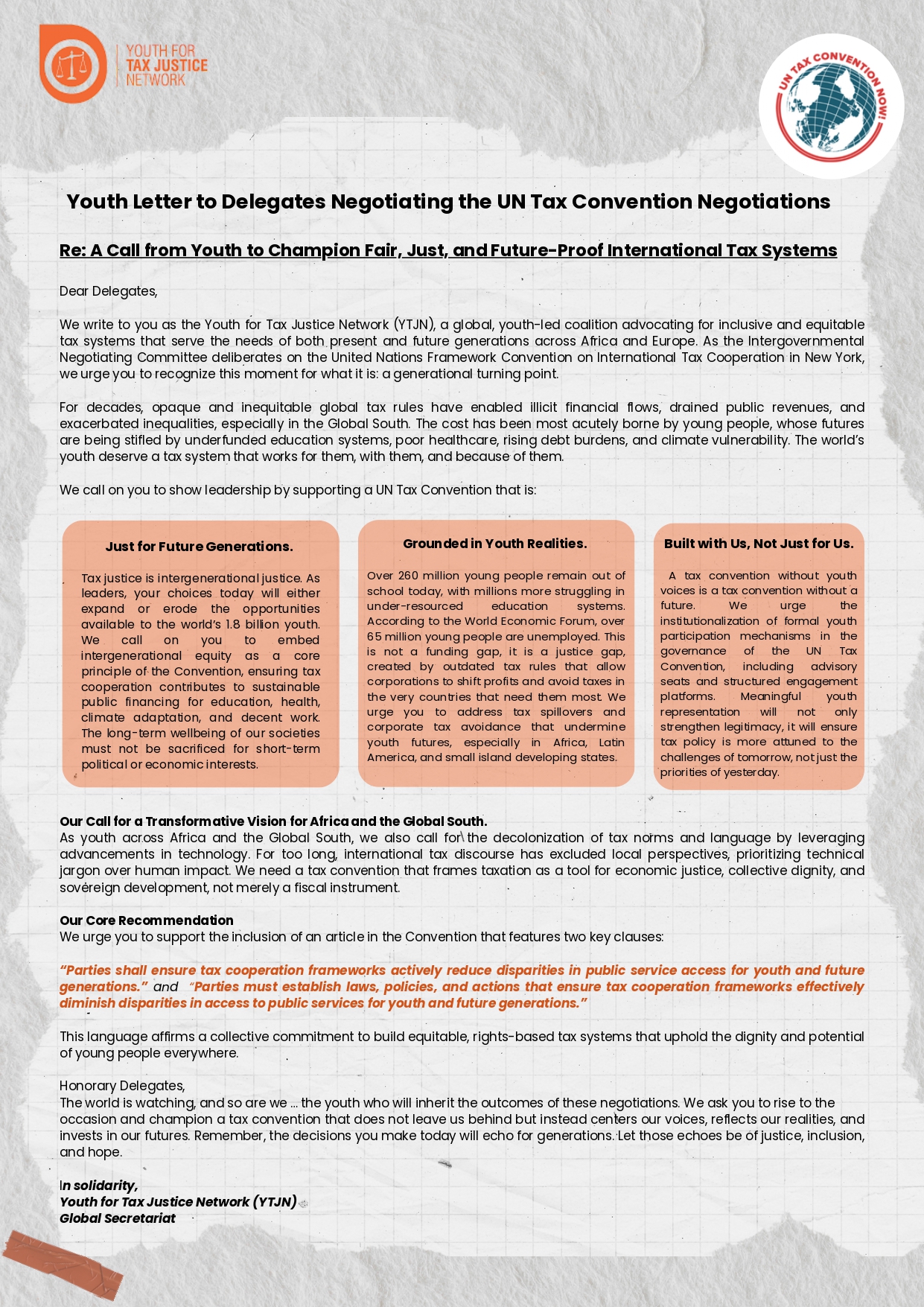 Youth Letter to Delegates Negotiating the UN Tax Convention Negotiations