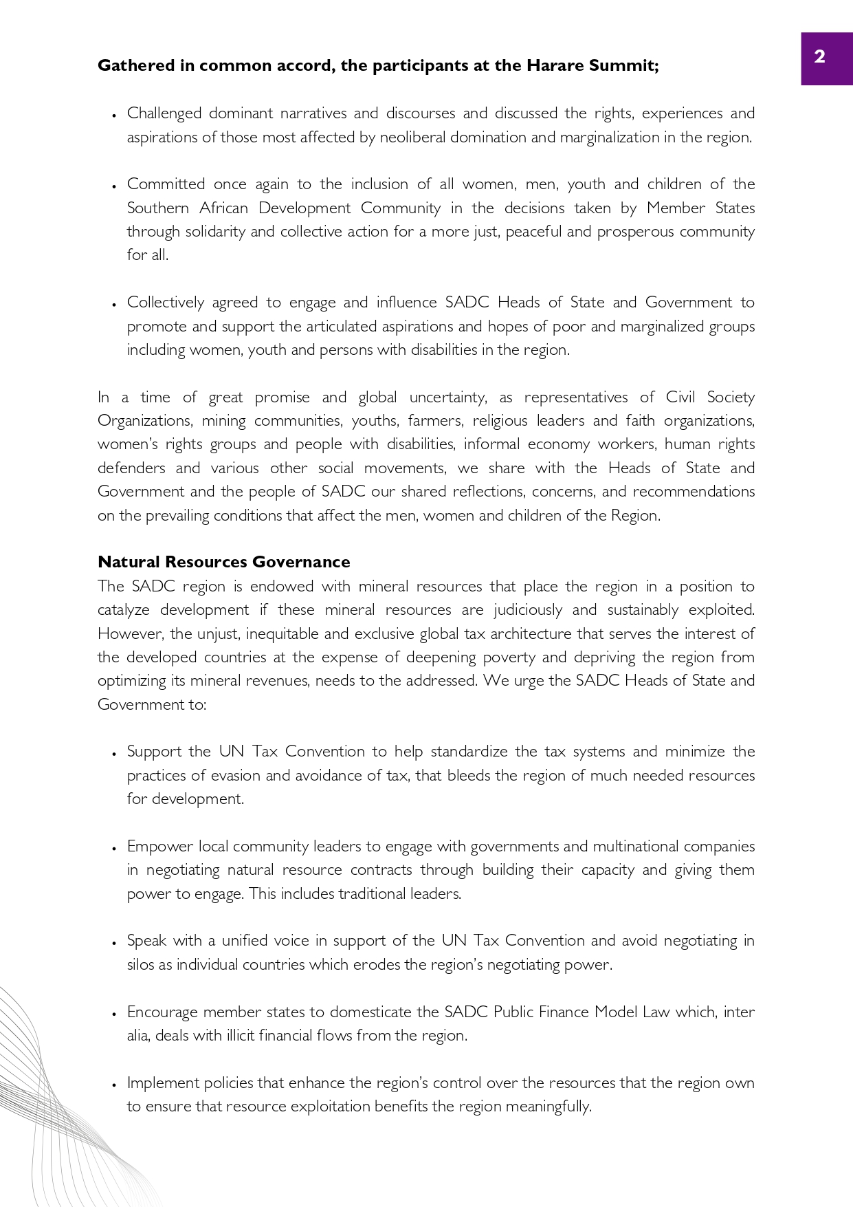 Southern African Development Community (SADC) People’s Summit 2024 Communique to the SADC Heads of State &amp; Government