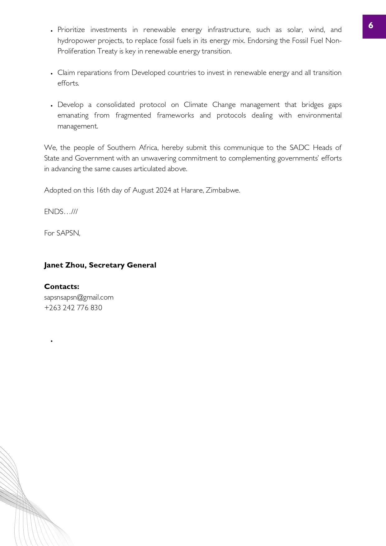 Southern African Development Community (SADC) People’s Summit 2024 Communique to the SADC Heads of State &amp; Government