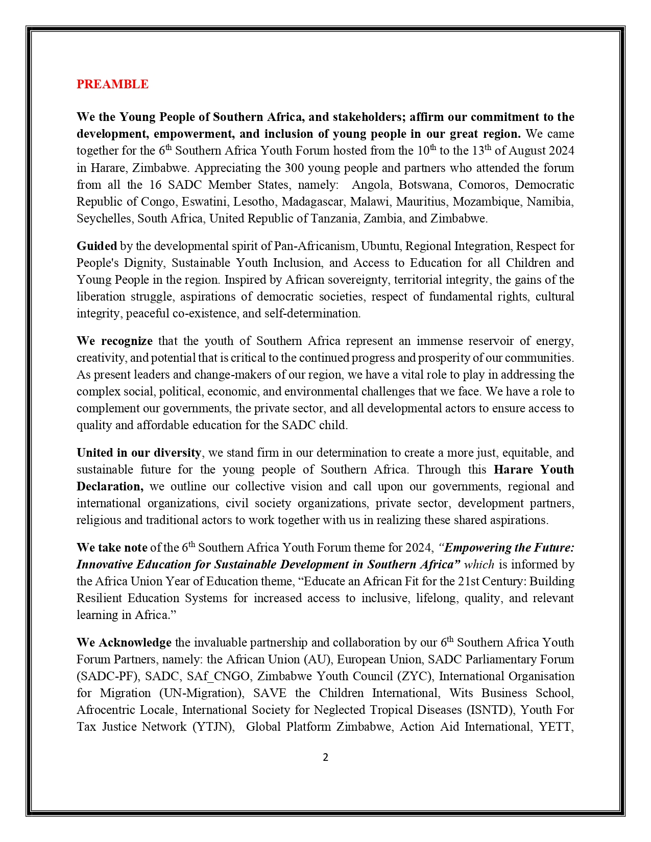 The 6th Southern Africa Youth Forum Harare Declaration