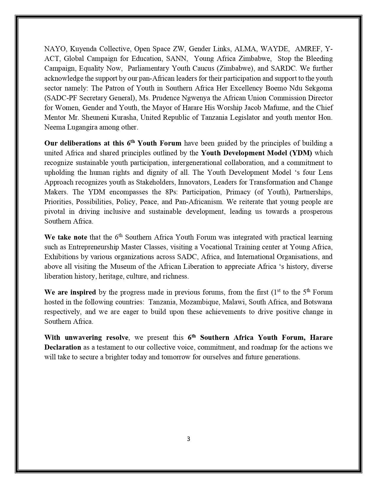 The 6th Southern Africa Youth Forum Harare Declaration